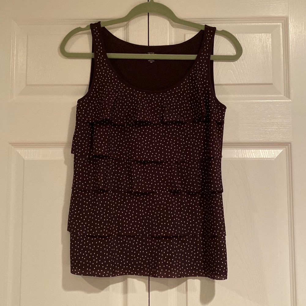LOFT Ruffled Tank Top I’m Burgundy with White Polka Dots